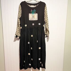 Vintage Hand Jive Hand Block Art To Wear Dress Plaid Sleeves Floral Midi Small